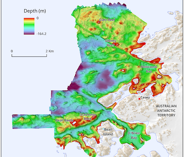 A seafloor map created using echosounder data, showing depth in different colours.
