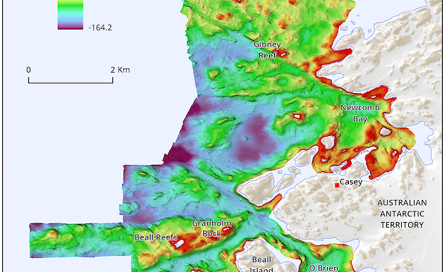 A seafloor map created using echosounder data, showing depth in different colours.