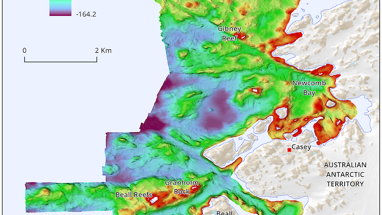 A seafloor map created using echosounder data, showing depth in different colours.