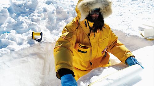 A man in cold weather gear standing in a snow trench measuring an ice core