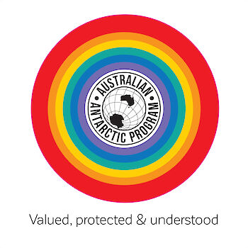 Australian Antarctic Program logo with rainbow circles around it and words 'valued, protected & understood'
