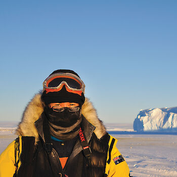 Expeditioner wearing balaclava and goggles.