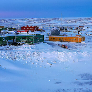 Aerial view of Davis station buildings.