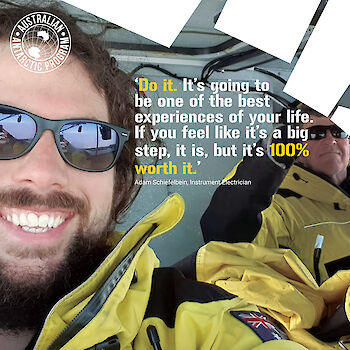 Instrument electrician Adam Schiefelbein riding in a Hägglunds vehicle. Quote: ‘Do it. It’s going to be one of the best experiences of your life. If you feel like it’s a big step, it is, but it’s 100% worth it.’
