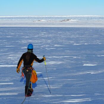Expeditioner Tim Smith wearing safety gear while probing for crevasses