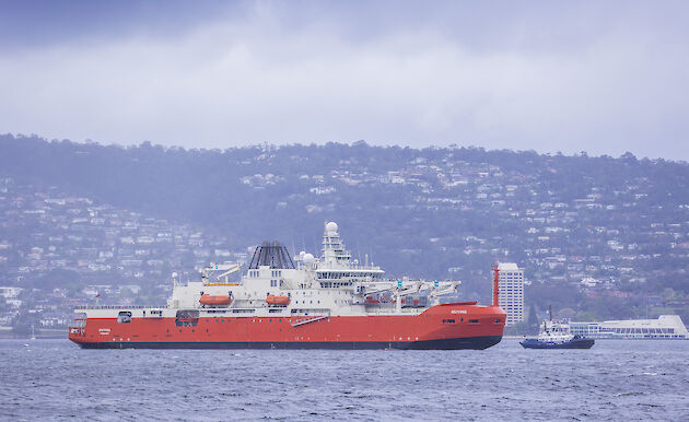 Nuyina in front of Hobart waterfront residences