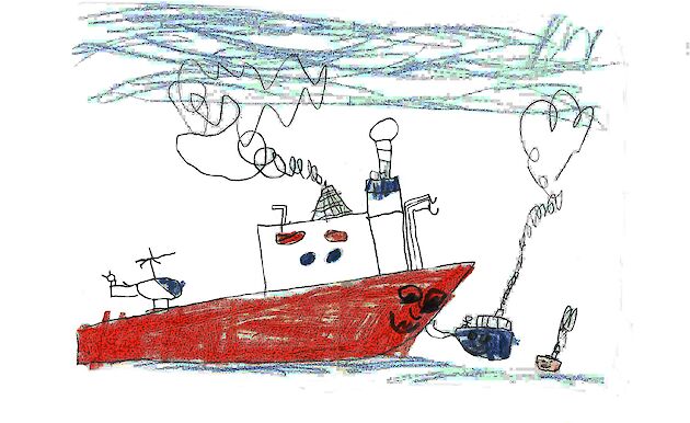 Drawing of a red ship with a helicopter on the back