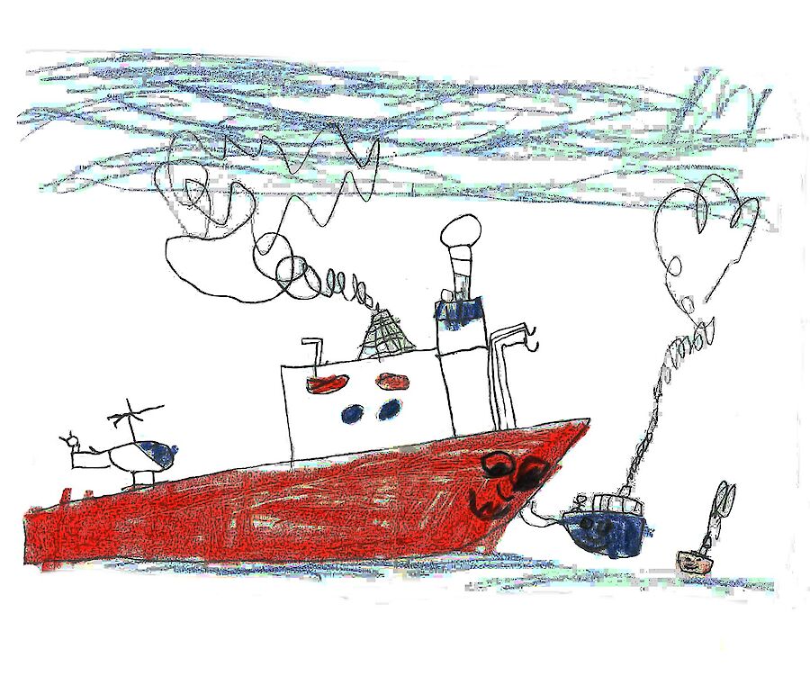 Drawing of a red ship with a helicopter on the back