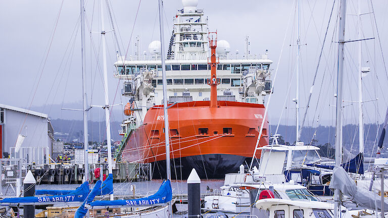 A large ship is seen in dock behind the masts of small sailing vessels