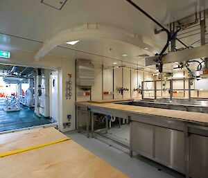 A wet science lab opens directly onto the trawl deck