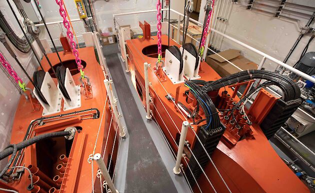 Two orange ‘drop keels’ with acoustic instruments can be lowered below the ship’s hull to avoid interference from ice or bubbles