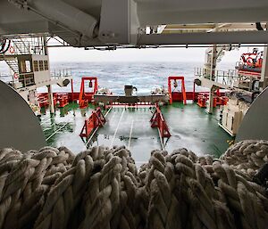 Trawl deck as viewed from the net drum and looking our over the ocean