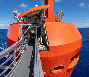 The Forward Outboard Deployment System is a gangway that extends from the bow of the ship