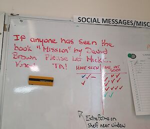 A whiteboard with messages about lost and found items