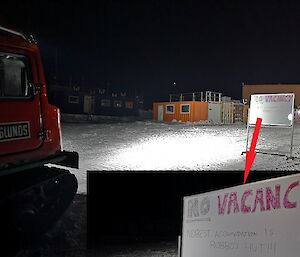 A Hagglund returns to station in the dark to see a sign saying "no vacancy"