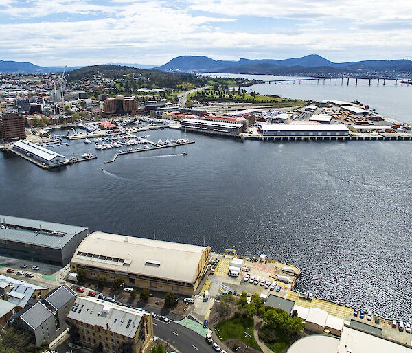 Aerial view of Hobart waterfront on a sunny day