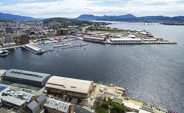 Aerial view of Hobart waterfront on a sunny day