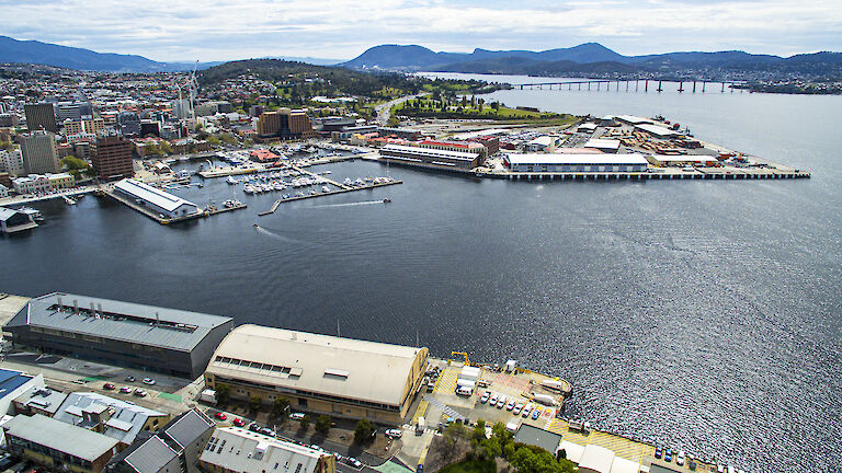 Aerial view of Hobart waterfront on a sunny day