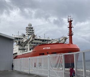 RSV Nuyina at the wharf with people looking through fence