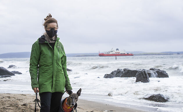 Woman with a dog on the beach; the RSV Nuyina is in the background