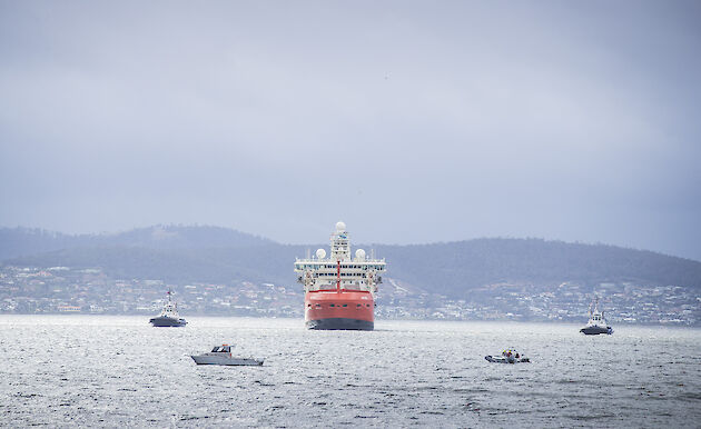 RSV Nuyina near Hobart with tugs and small craft in the foreground