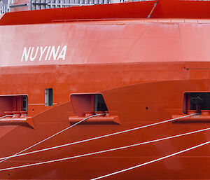 Close-up of Nuyina’s hull with ropes coming out