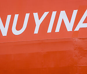 Close up of Nuyina’s name written on the hull