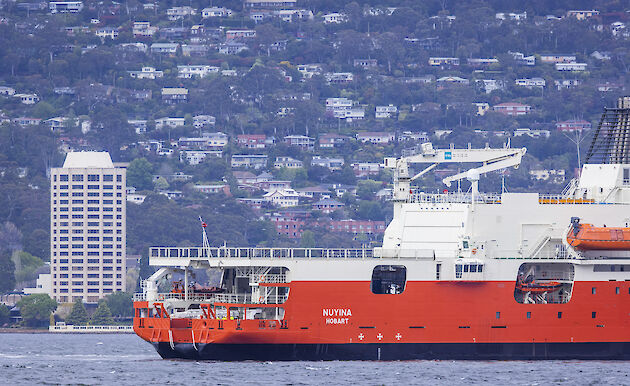 Stern of the RSV Nuyina with the casino visible in the background