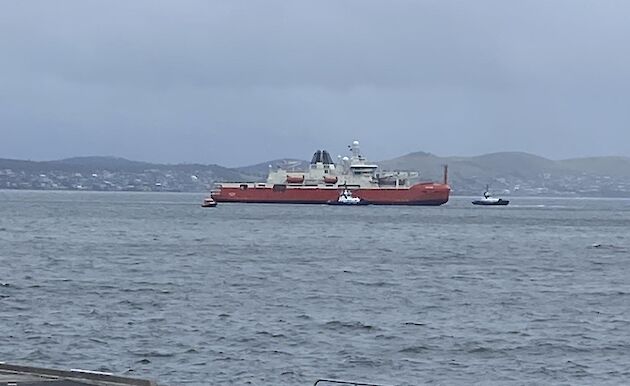 Nuyina approaching the wharf with car in the foreground