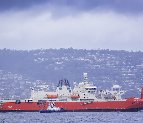 A large red and white ship sailing up river with houses visible on the hillside behind