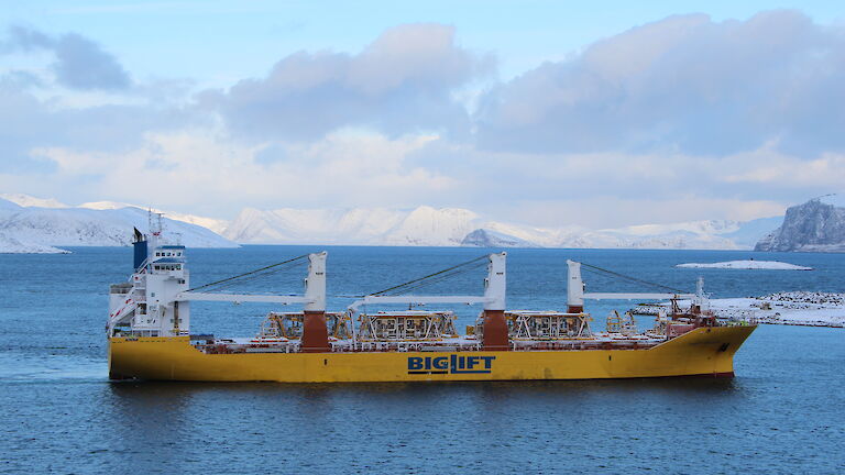 Large yellow and white cargo ship in a bay with snow capped mountains behind