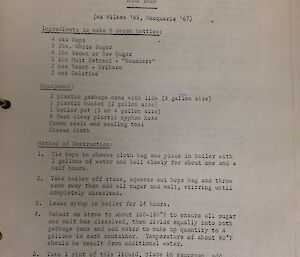 A copy of a beer recipe from 1965 typed on a page