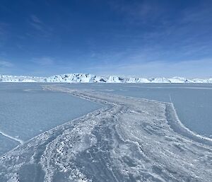 Large frozen tide crack in the sea ice on the way to Forbes Glacier