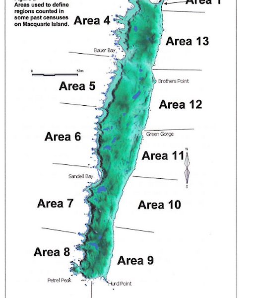 Map of Macquarie Island showing the numbered areas for the census
