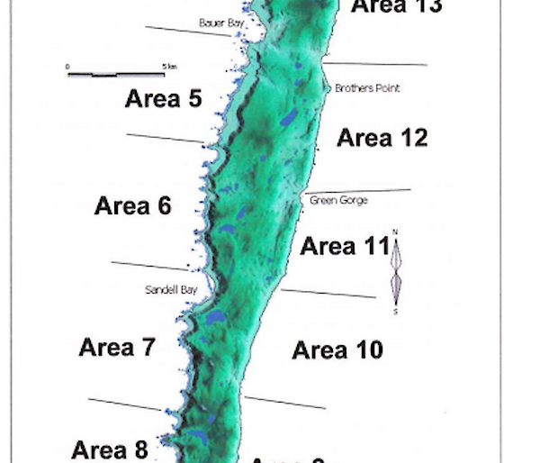 Map of Macquarie Island showing the numbered areas for the census