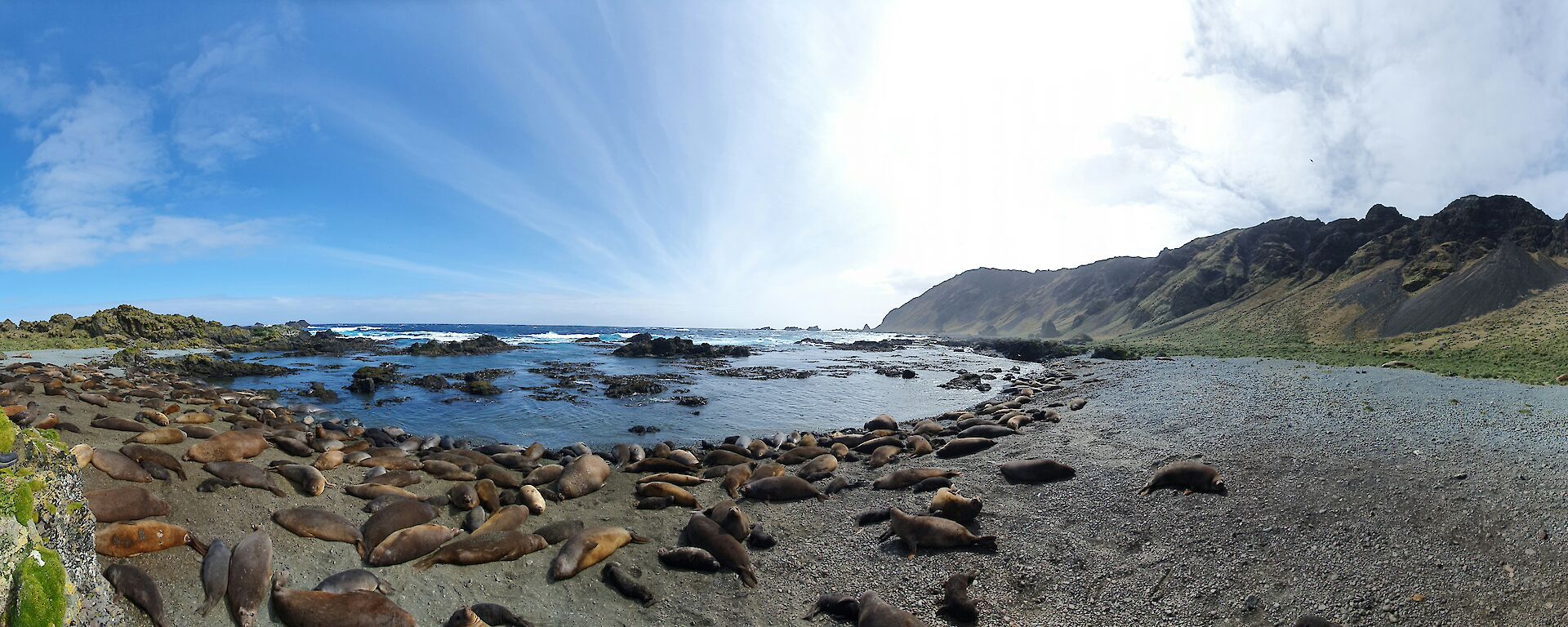 Panoramic shot showing an expeditioner sitting by the bay with blue sky and sunshine lighting the background