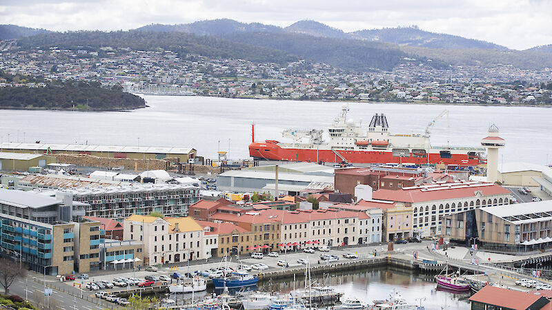 RSV Nuyina docked in Hobart wharf