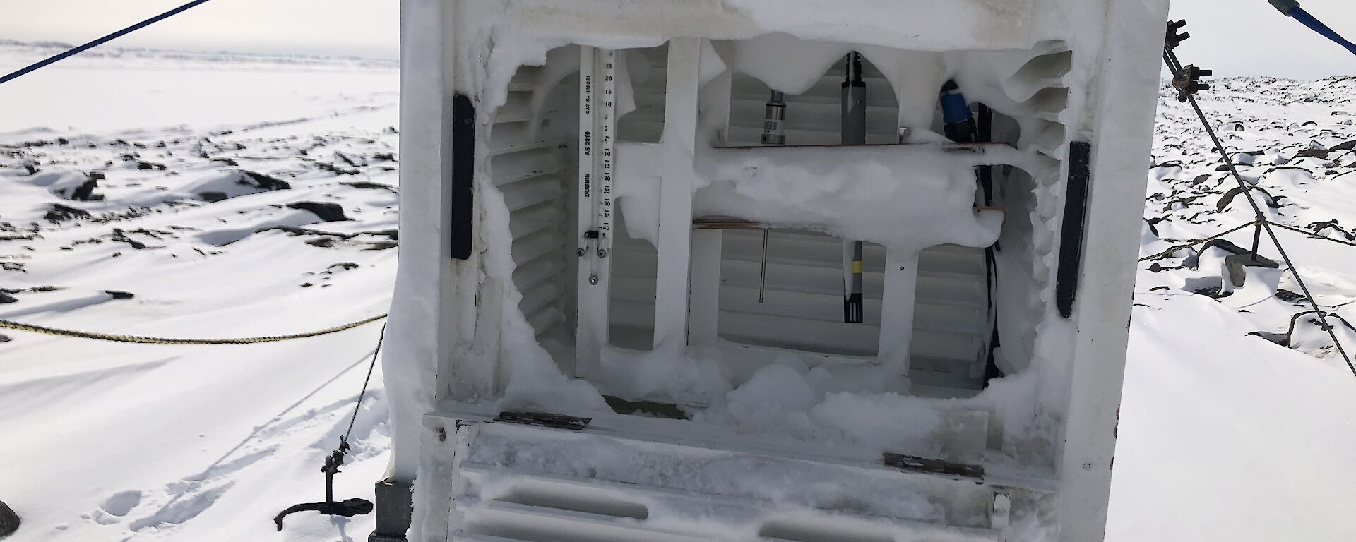 A box of weather instruments covered in snow