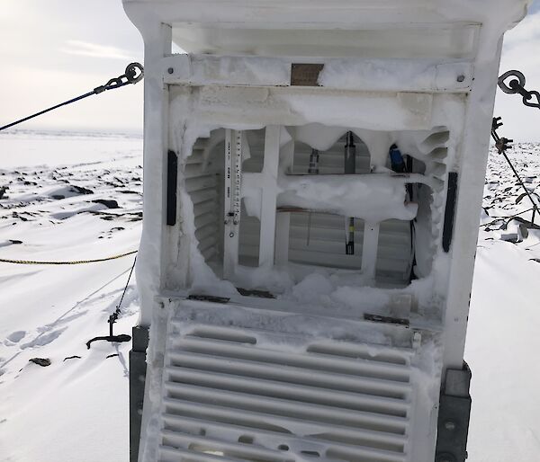 A box of weather instruments covered in snow