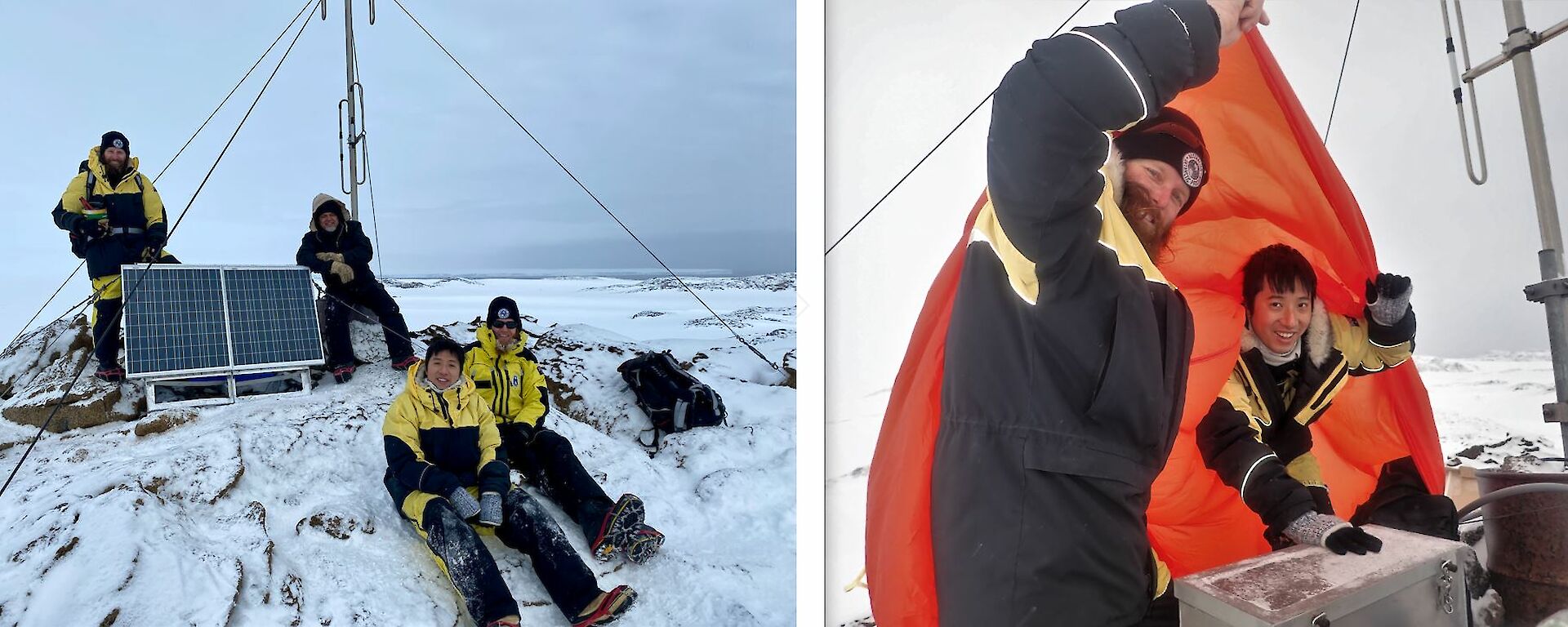 A team of expeditioners repair a radio repeater out int the field on a grey day
