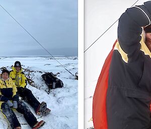 A team of expeditioners repair a radio repeater out int the field on a grey day