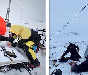 A team of expeditioners repair a radio repeater out int the field on a grey day