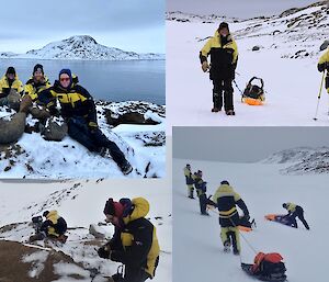 A montage of Casey winter expeditoners visiting the Peterson Island memorial cairn