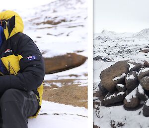 Casey winter expeditioners visiting the Peterson Island memorial cairn