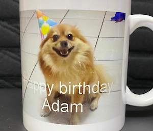 A birthday coffee cup with a picture of Adam’s dog Elroy wearing a party hat printed on it.