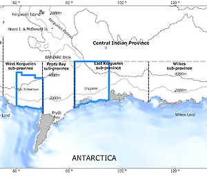 A map of East Antarctica and surrounding ocean showing three square shaped areas indicated with dashed lines.
