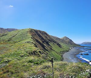 Blue skies highlight the banks of green grasses that give way to the rocky shore