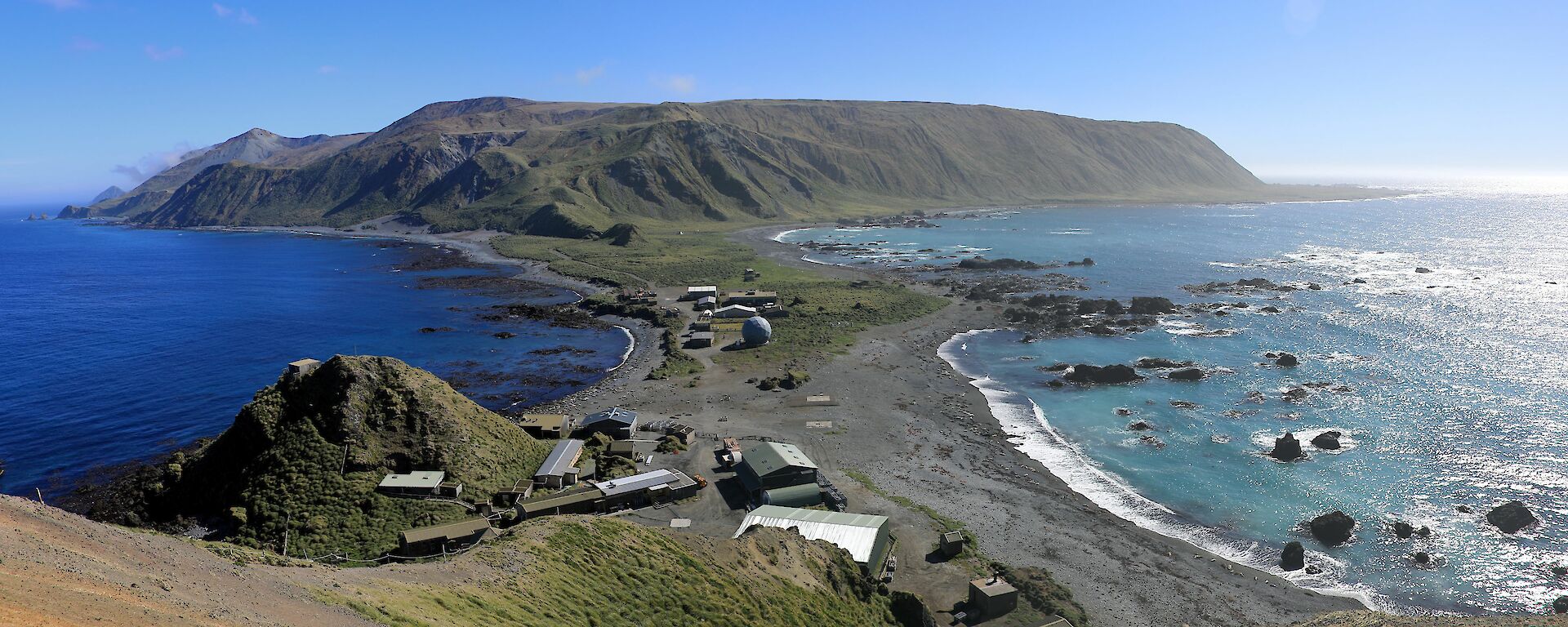 View from a hill looking down on the station on the isthmus