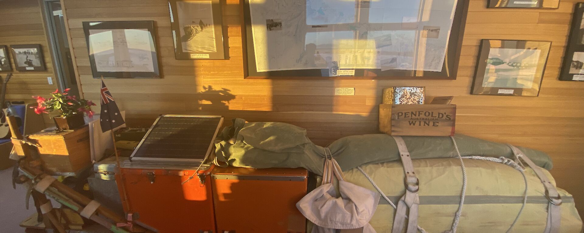 A fully loaded sled in the dog room under glass at Mawson