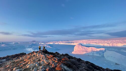 Two expeditioners stand overlooking a penguin rookery